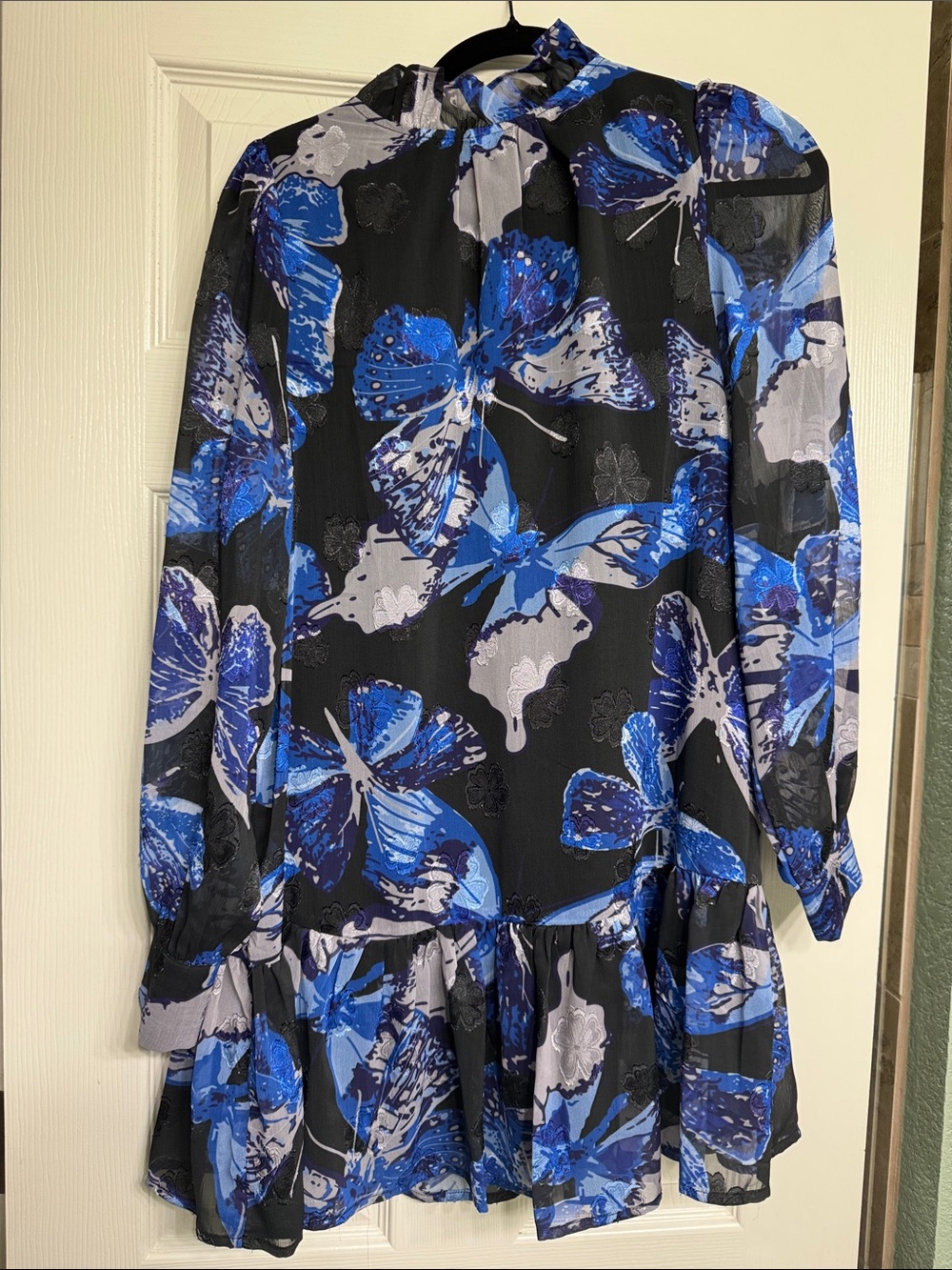 Pinch Black Dress with Blue Butterfly Print